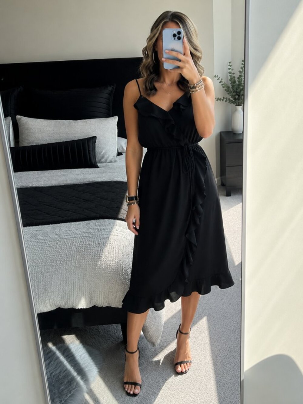 J.Crew Black Ruffle Wrap Midi Dress Spaghetti Strap Size 2